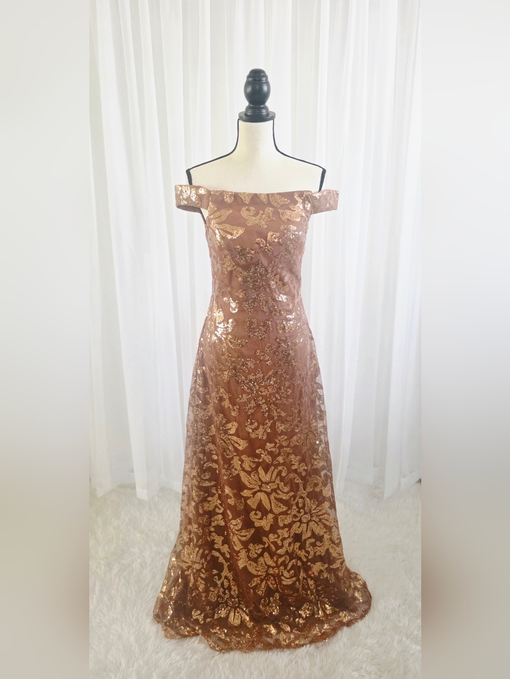 Off-Shoulder Rose Gold Sequin Evening Gown